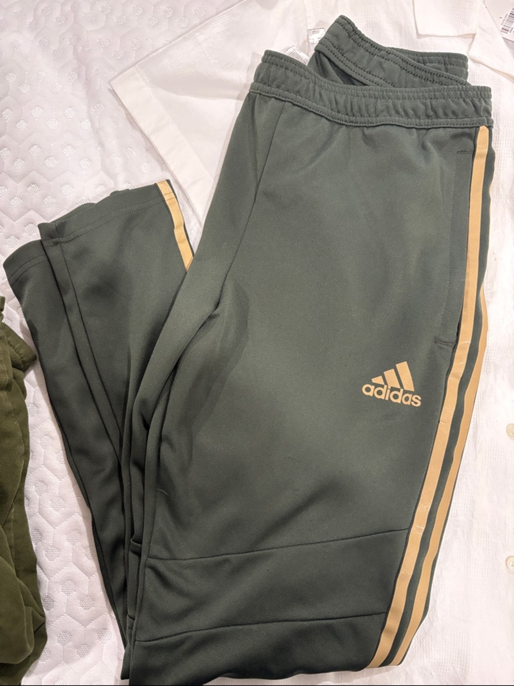adidas Kids Olive Green Track Joggers with Gold Stripes
